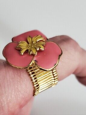 Lilly Pulitzer Enamel Pansy Stretch Ring NEW sz 7 To 12 Gold Designer 3D